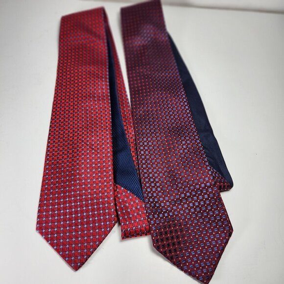 Tommy Hilfiger Necktie Mens 100% Silk Tie Squares and Dots Lot of 2 Red Burgundy - Picture 1 of 5